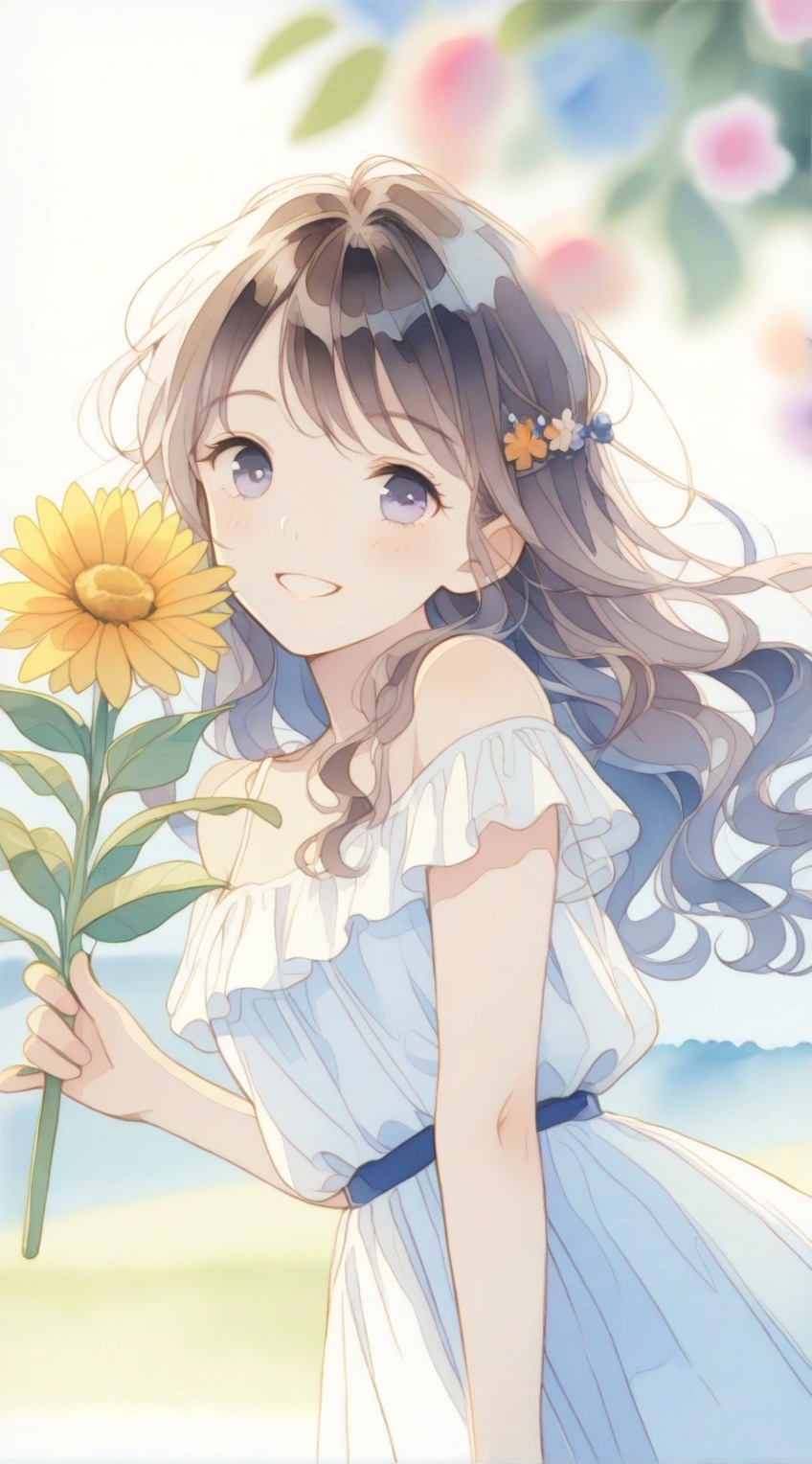Fantastic watercolors,  holding a large flower,  dreamy eyes on Tensor.Art