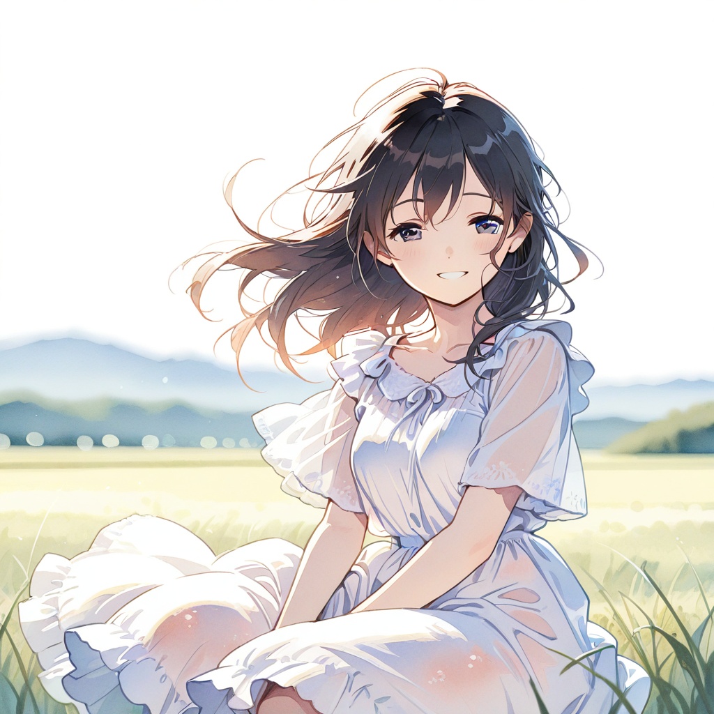 Sitting in a meadow,  hands reaching up towards the sky,  long hair swaying in the wind on Tensor.Art