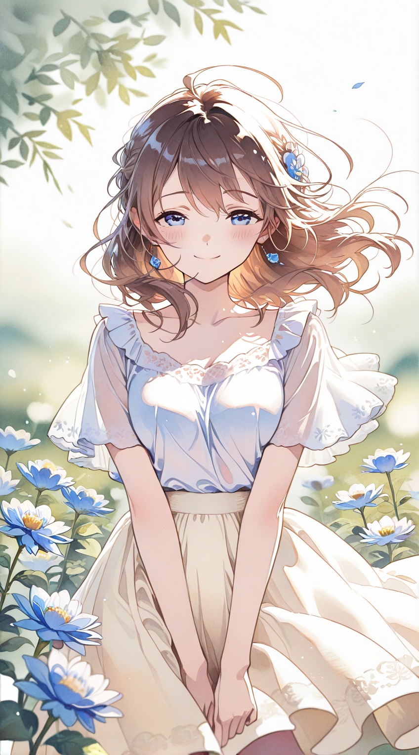 Watercolor flower fields,  loosely tied hair,  a white blouse and a pastel-colored skirt on Tensor.Art