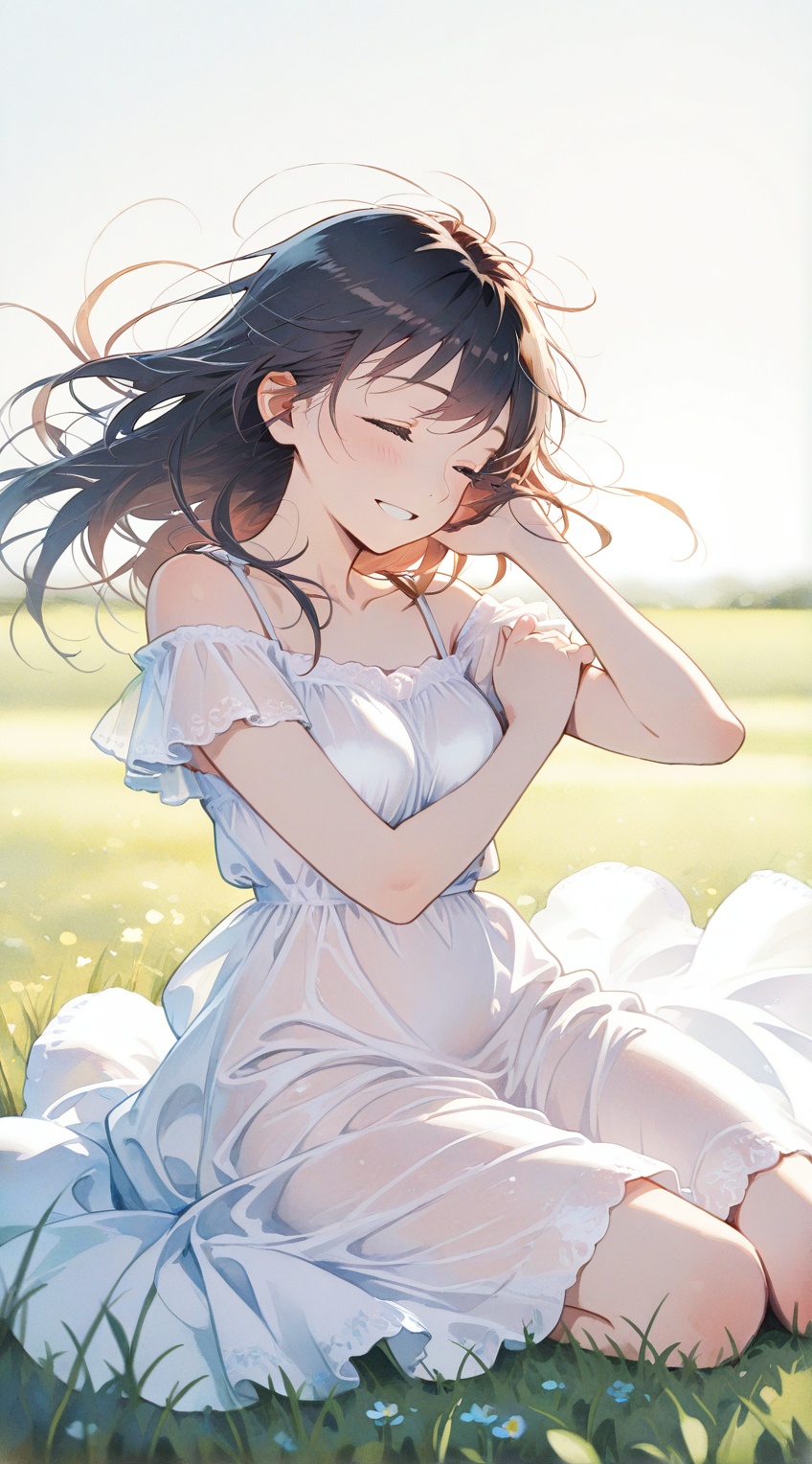 Sitting in a meadow,  hands reaching up towards the sky,  long hair swaying in the wind on Tensor.Art