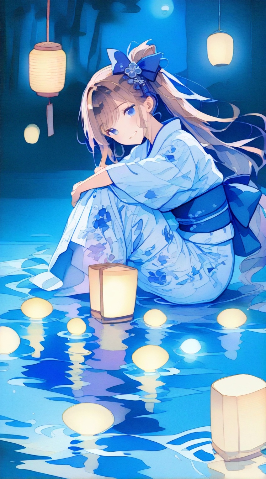 Watercolor lakeside,  sitting peacefully,  long twin tails on Tensor.Art