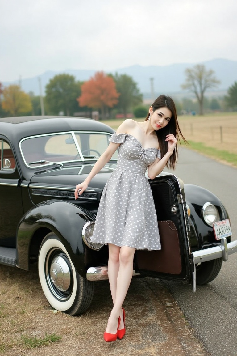 Full outdoor shot of a young woman in a vintage-inspired polka-dot dress,  next to a classic black car. Attractive brunett...