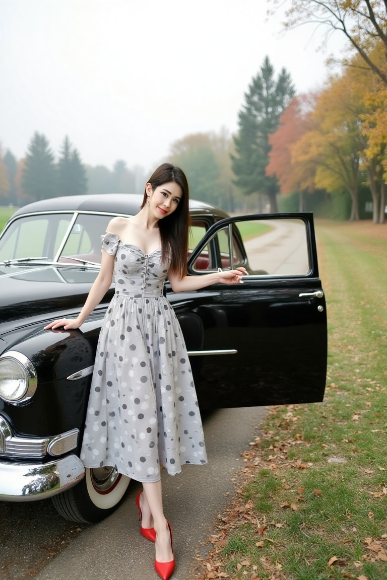 Full outdoor shot of a young woman in a vintage-inspired polka-dot dress,  next to a classic black car. Attractive brunett...