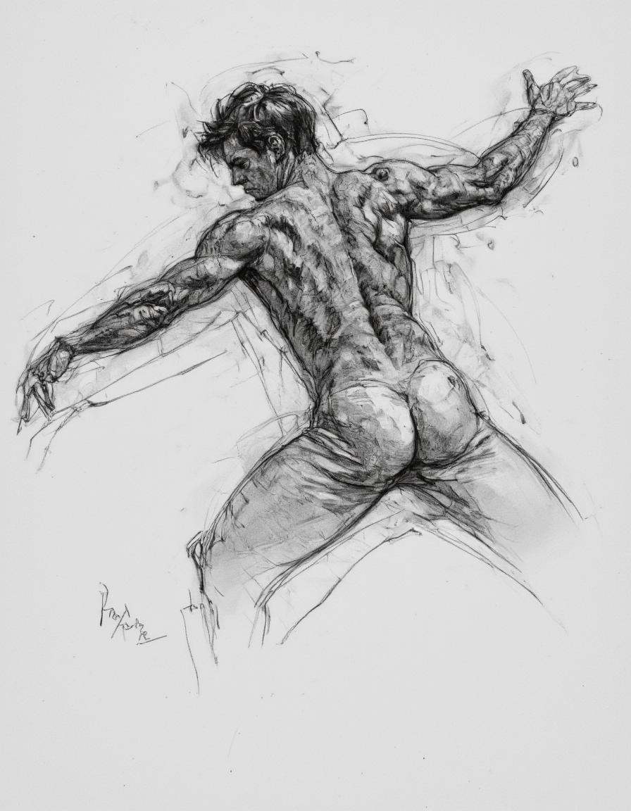Art by Patrick Jones. A realistic pencil drawing from a profile camera angle about a muscular male figure in a dynamic pos...