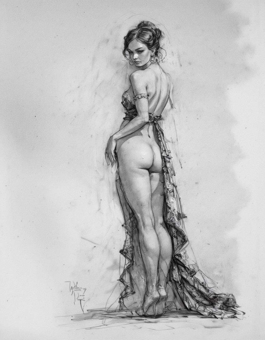 Art by Patrick Jones. A black and white pencil drawing of a nude woman standing confidently in the middle of the frame,  w...