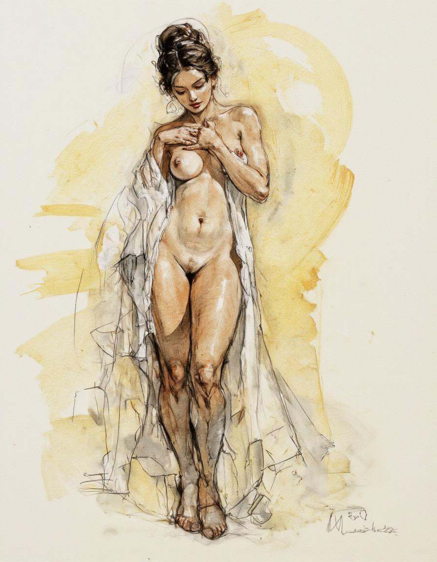 Art by Patrick Jones. A highly detailed and realistic pencil drawing of a nude woman standing in a graceful pose. the woma...