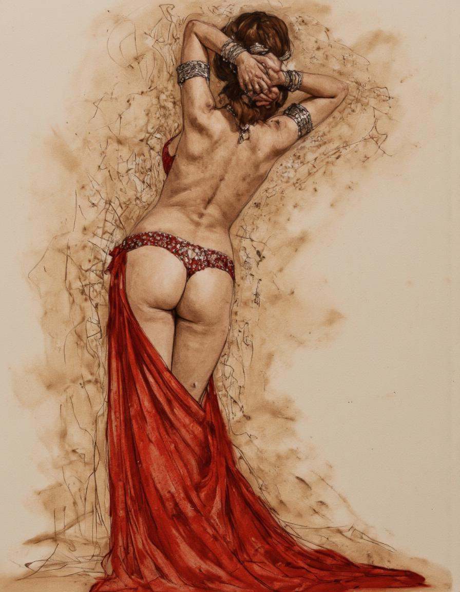 Art by Patrick Jones. A detailed and realistic pencil drawing of a nude woman standing with her back to the viewer,  facin...