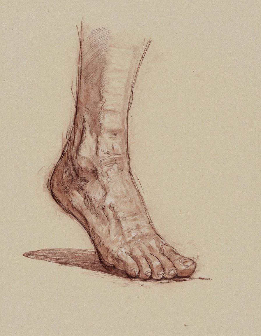 Art by Patrick Jones. A realistic,  detailed,  realistic pencil drawing of a male foot on Tensor.Art