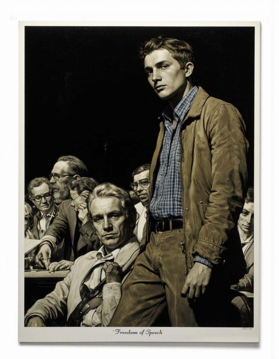 Art by Norman Rockwell. A black and white photograph from the front about a man standing in front of a crowd,  wearing a b...