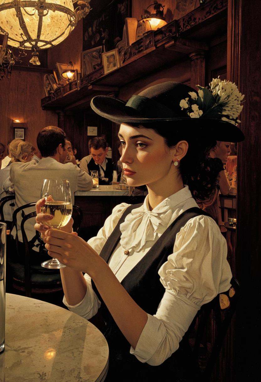 Art by Norman Rockwell. A photo-realistic shoot from a profile camera angle about a woman sitting at a table in a dimly li...
