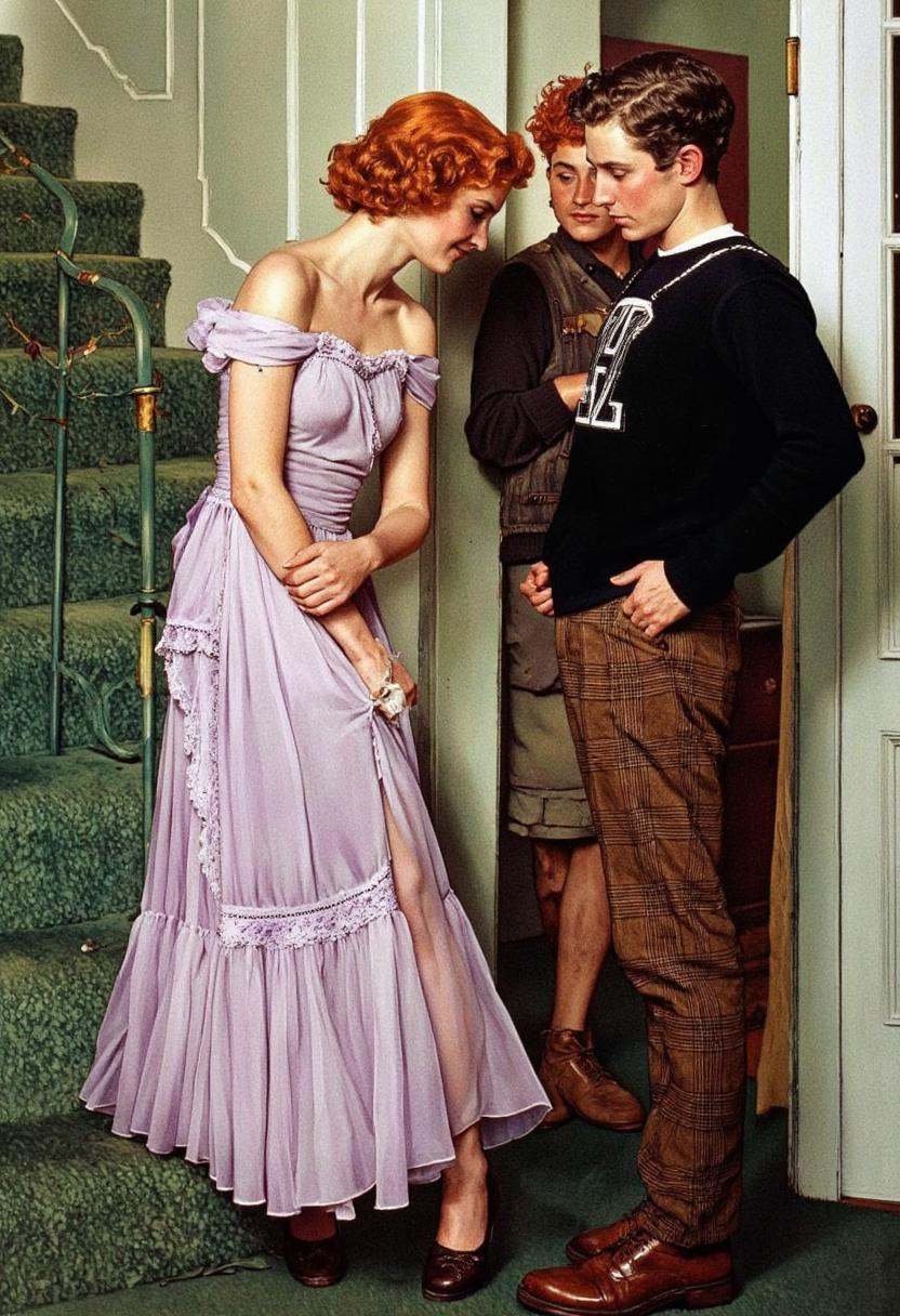 Art by Norman Rockwell. A vintage illustration from the 1950s,  featuring two young men and a woman in a cozy,  inviting i...