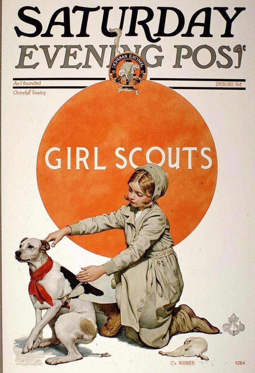 Art by Norman Rockwell. A vintage Saturday Evening Post cover from 1924 featuring a young girl in a gray trench coat and h...