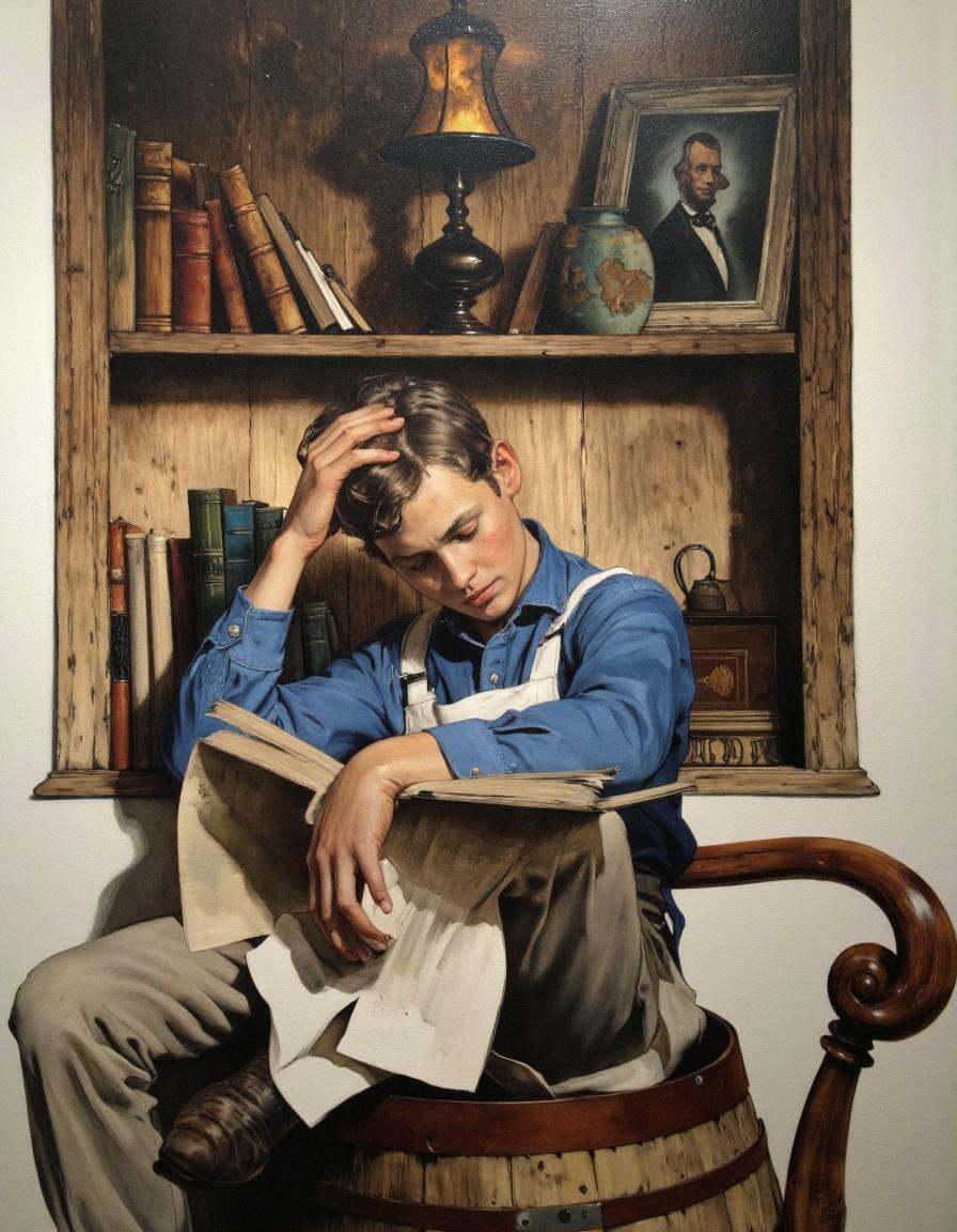 Art by Norman Rockwell. A painting of a man sitting on a wooden barrel,  reading a book with a contemplative expression. t...