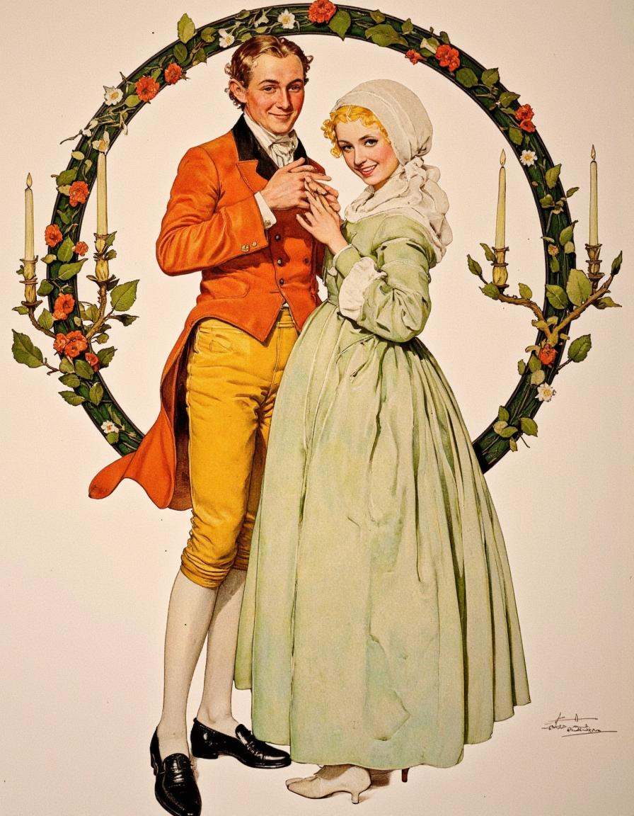 Art by Norman Rockwell. A vintage illustration from a vintage magazine about a man and a woman dressed in historical cloth...