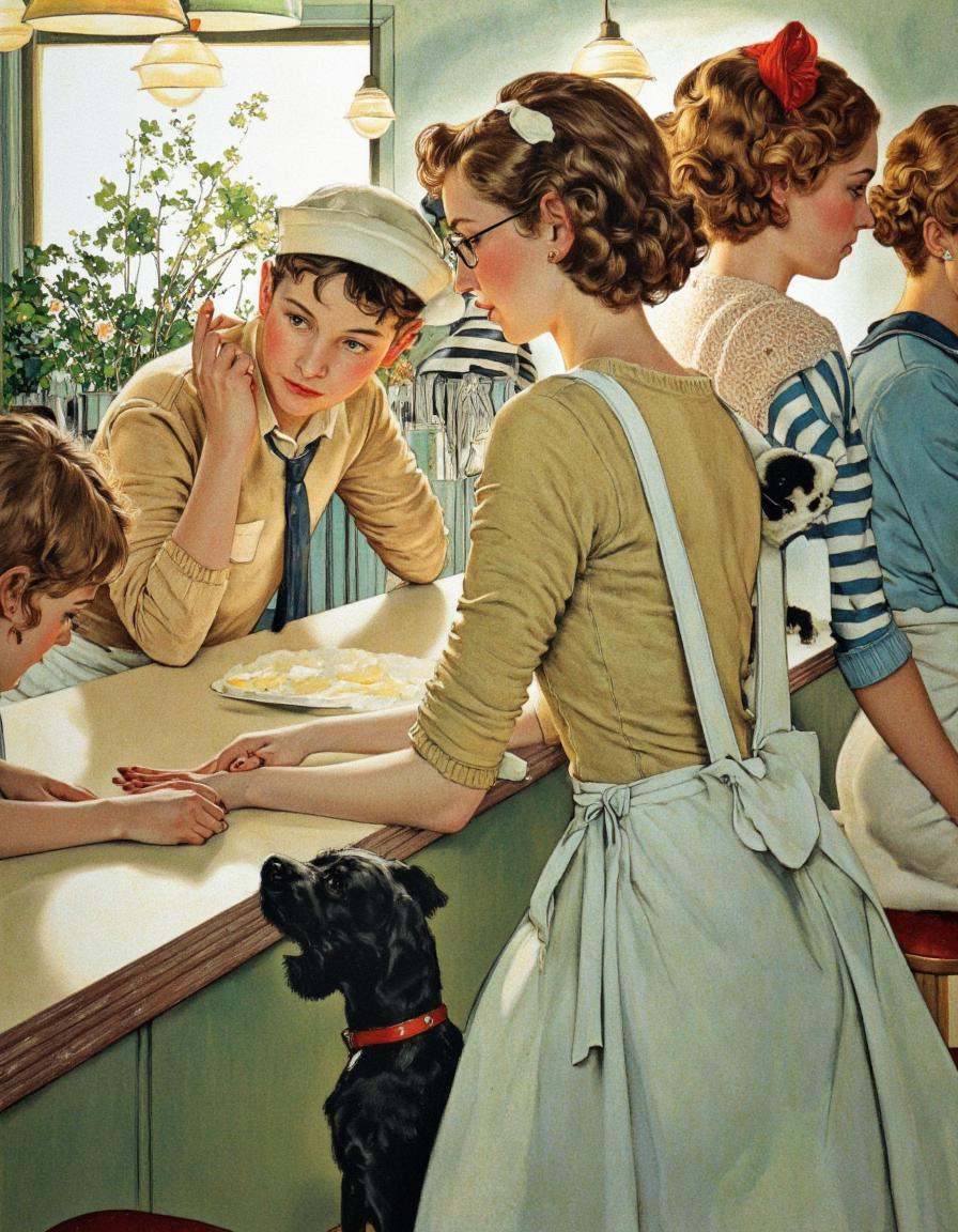 Art by Norman Rockwell. A vintage children's illustration from the 1950s about a diner scene with four women and a small b...