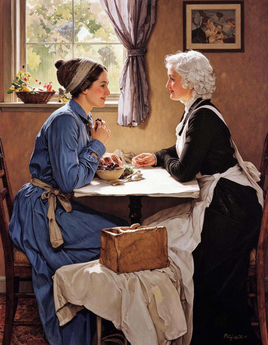 Art by Norman Rockwell. A painting of two women sitting at a table in a cozy room,  engaged in a conversation. the woman o...