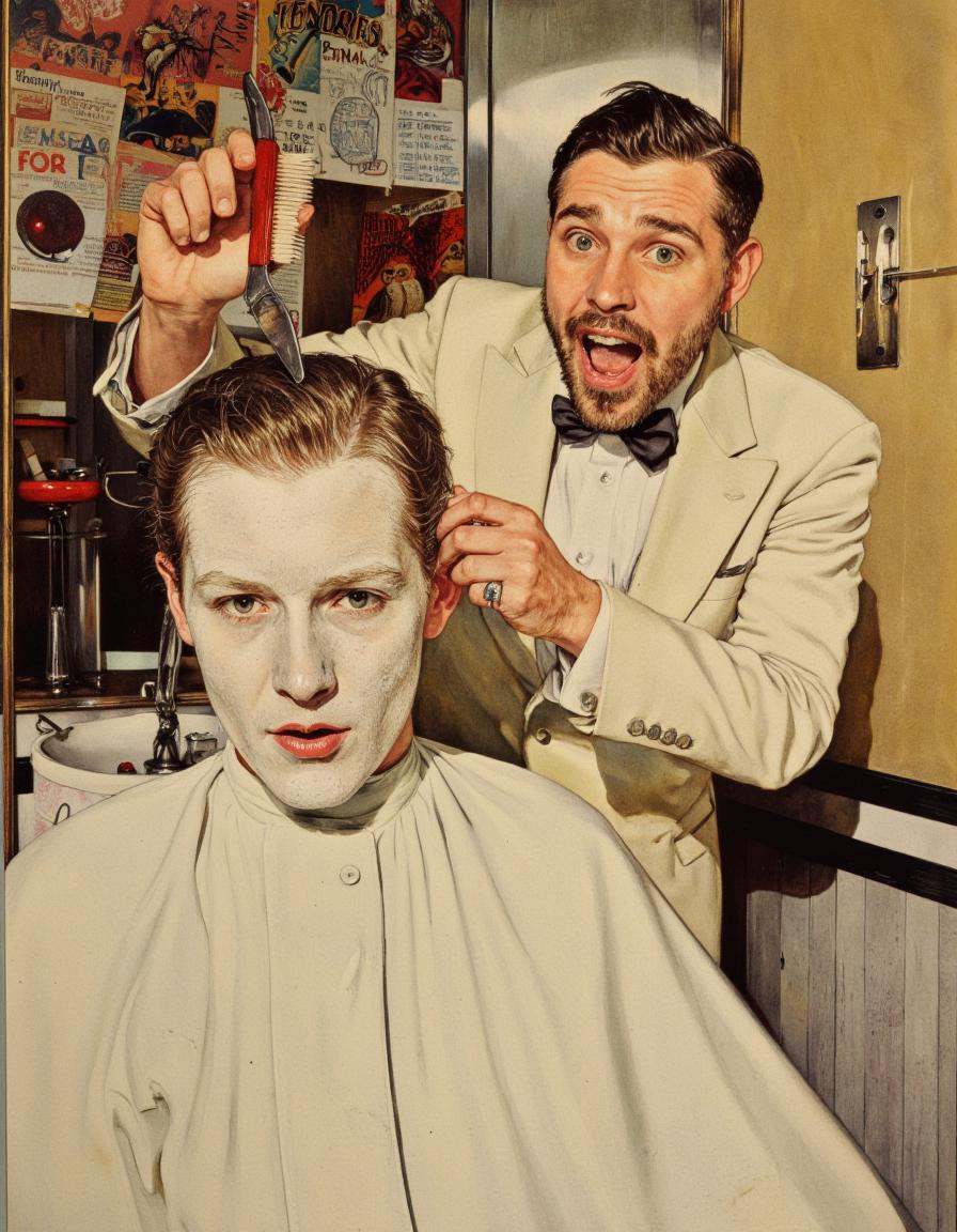 Art by Norman Rockwell. A surreal and surreal painting depicting two men in a barber shop,  with one man in a white suit a...