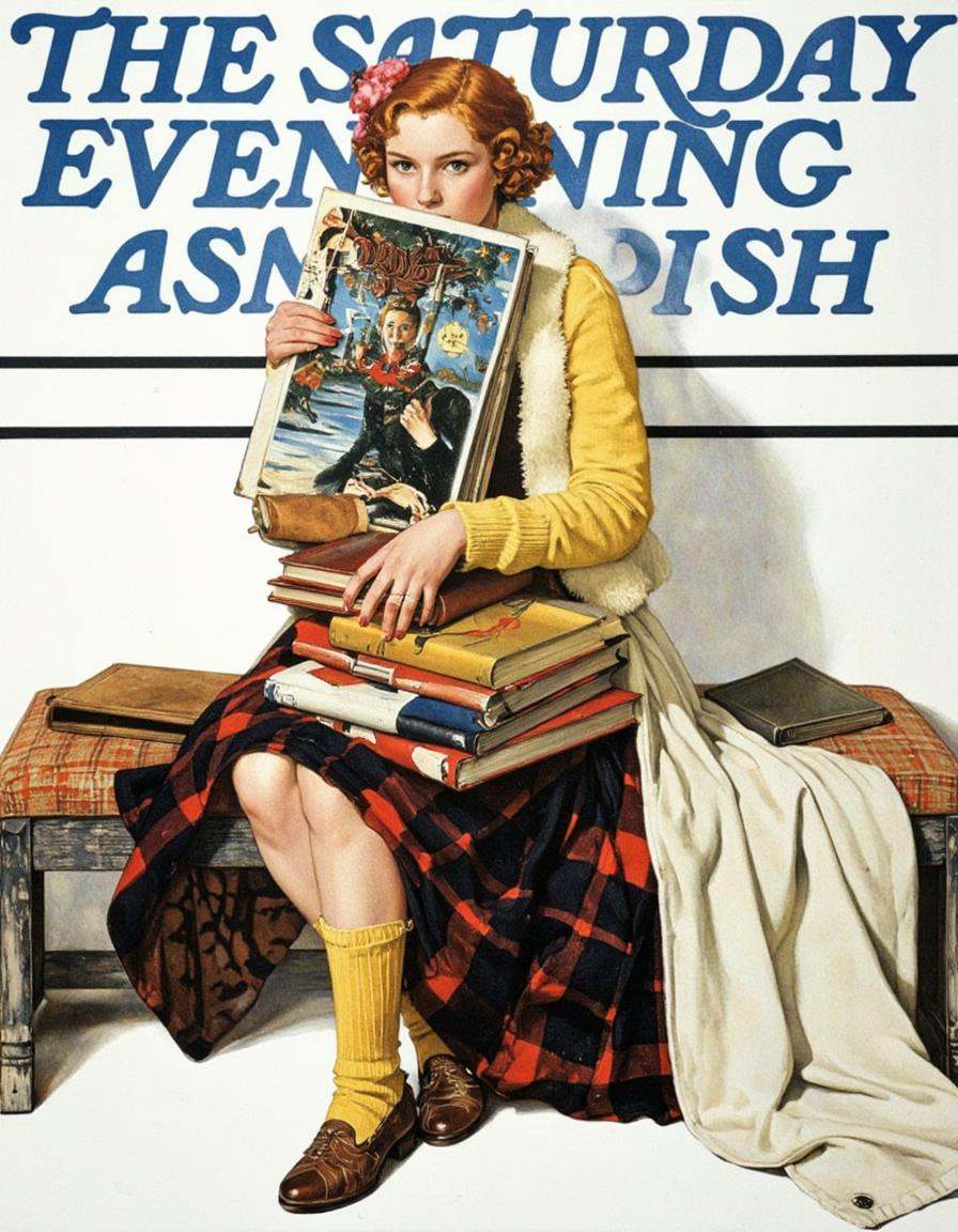 Art by Norman Rockwell. A vintage illustration of a woman sitting on a bench,  wearing a yellow cardigan,  a plaid skirt o...