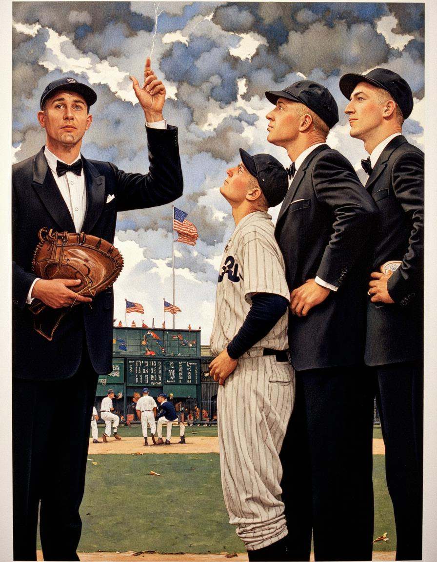 Art by Norman Rockwell. A vintage illustration from the front,  depicting a dramatic scene of baseball players in suits an...