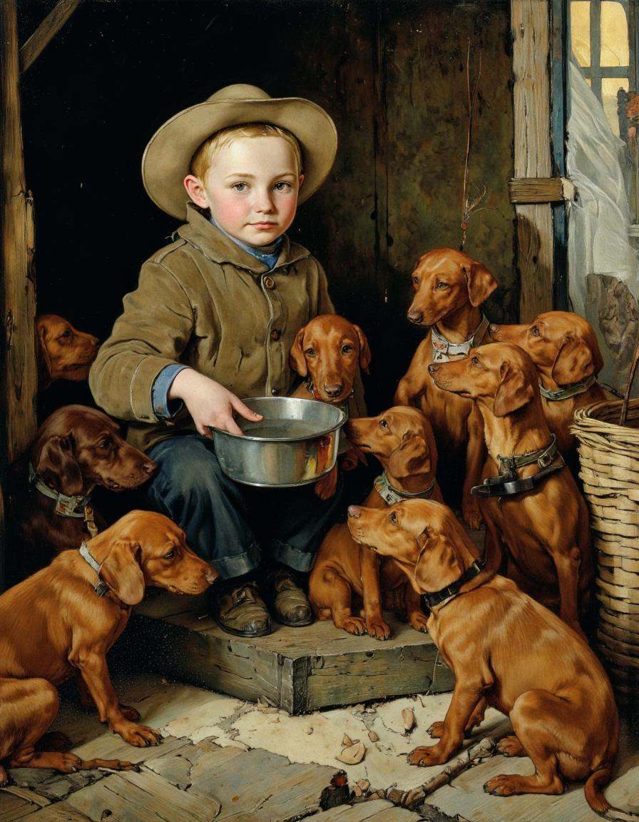 Art by Norman Rockwell. A painting of a boy sitting in a dimly lit barn,  wearing a brown jacket and a blue shirt,  with a...