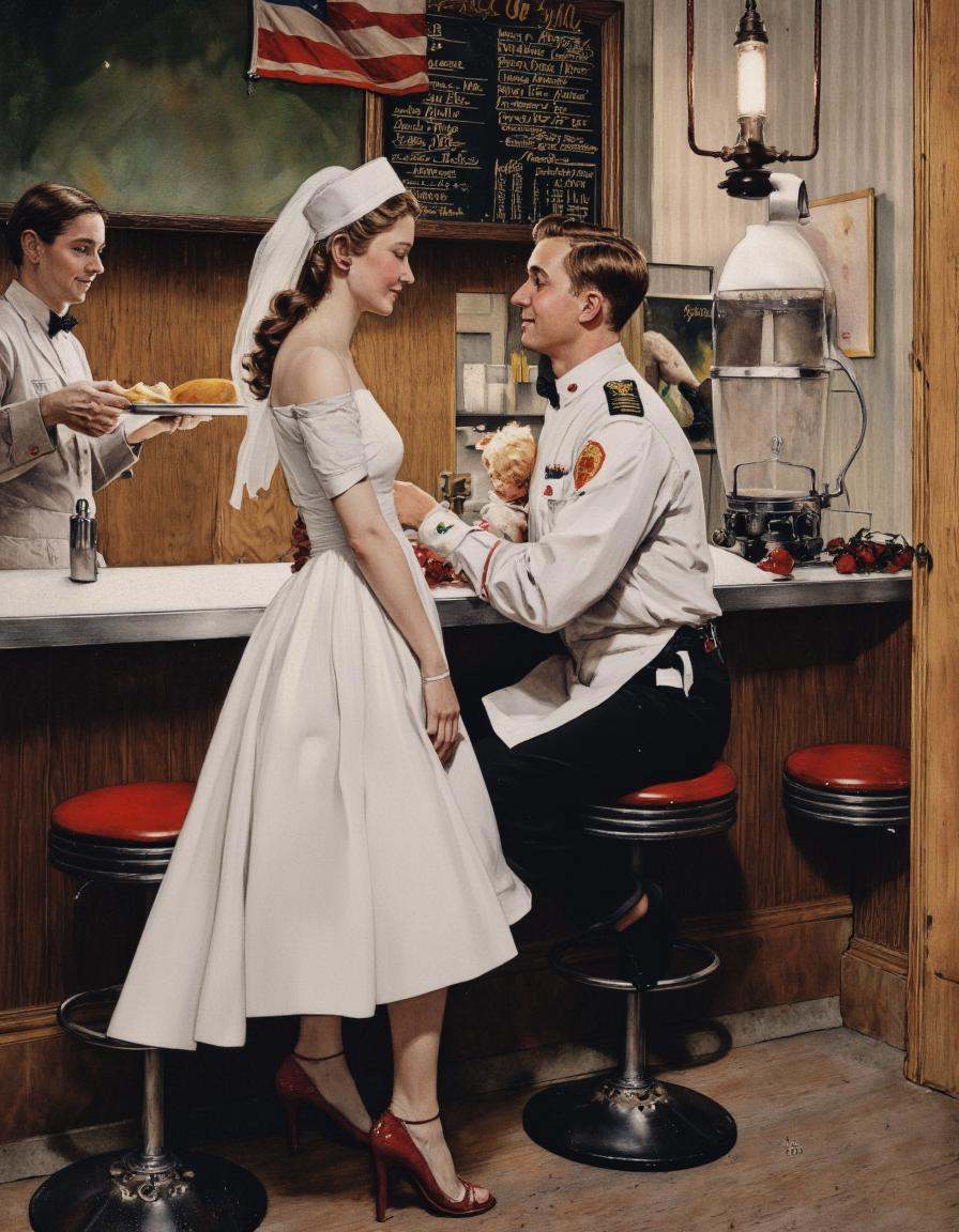Art by Norman Rockwell. A vintage wedding scene from the side,  captured in a realistic digital painting by Norman Rockwel...