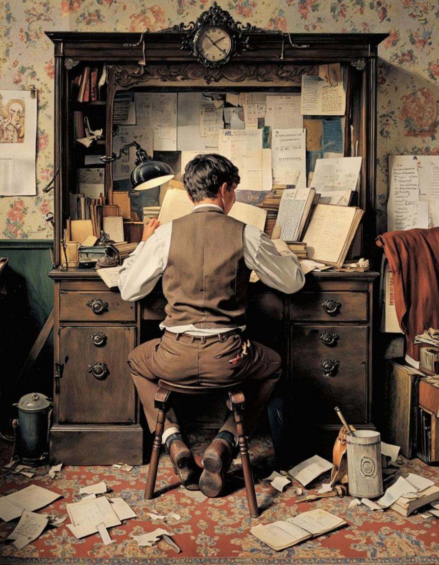 Art by Norman Rockwell. A vintage illustration from the front about a man sitting at a wooden desk,  reading a book. the m...