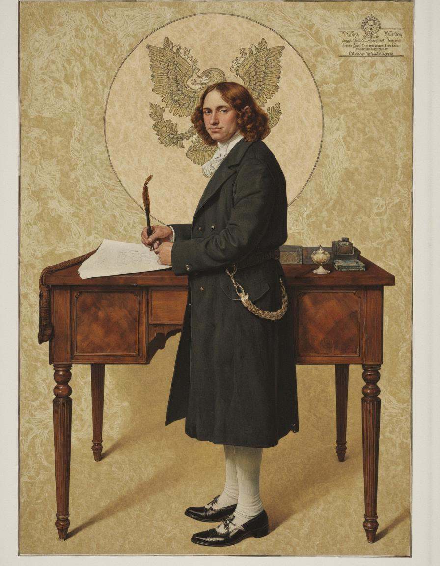Art by Norman Rockwell. A vintage illustration from the front about a portrait of a man seated at a desk,  holding a quill...