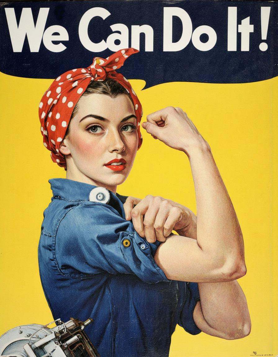 Art by Norman Rockwell. A vintage propaganda poster from the 1940s featuring Rosie the Riveter,  a strong woman with a det...