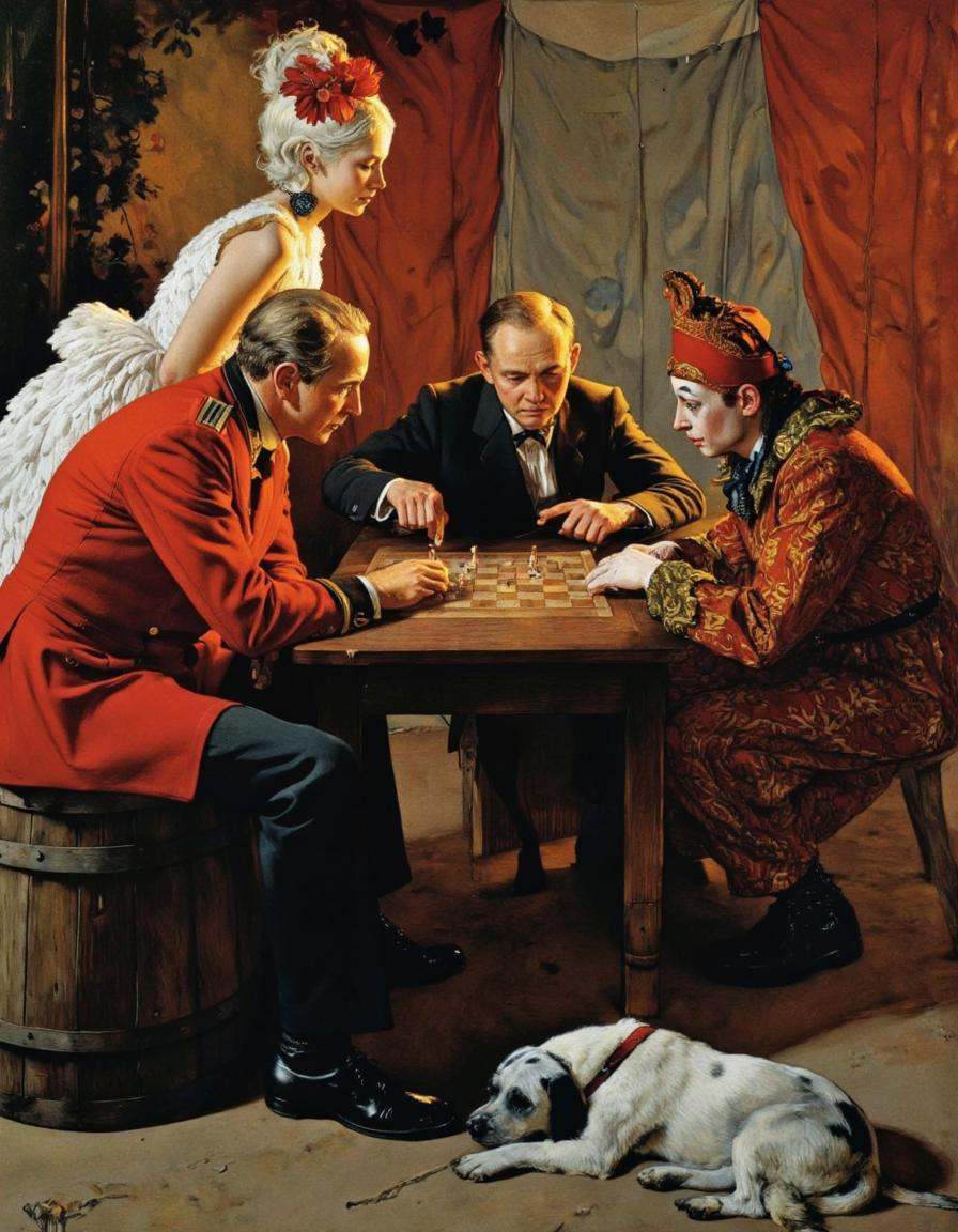 Art by Norman Rockwell. A painting of a circus scene with three clowns and two men playing chess in a tent. the scene is s...