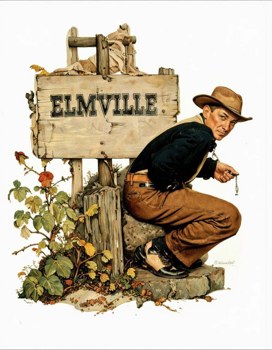 Art by Norman Rockwell. A vintage,  cartoonish illustration from the side,  depicting a man in a squatting position next t...