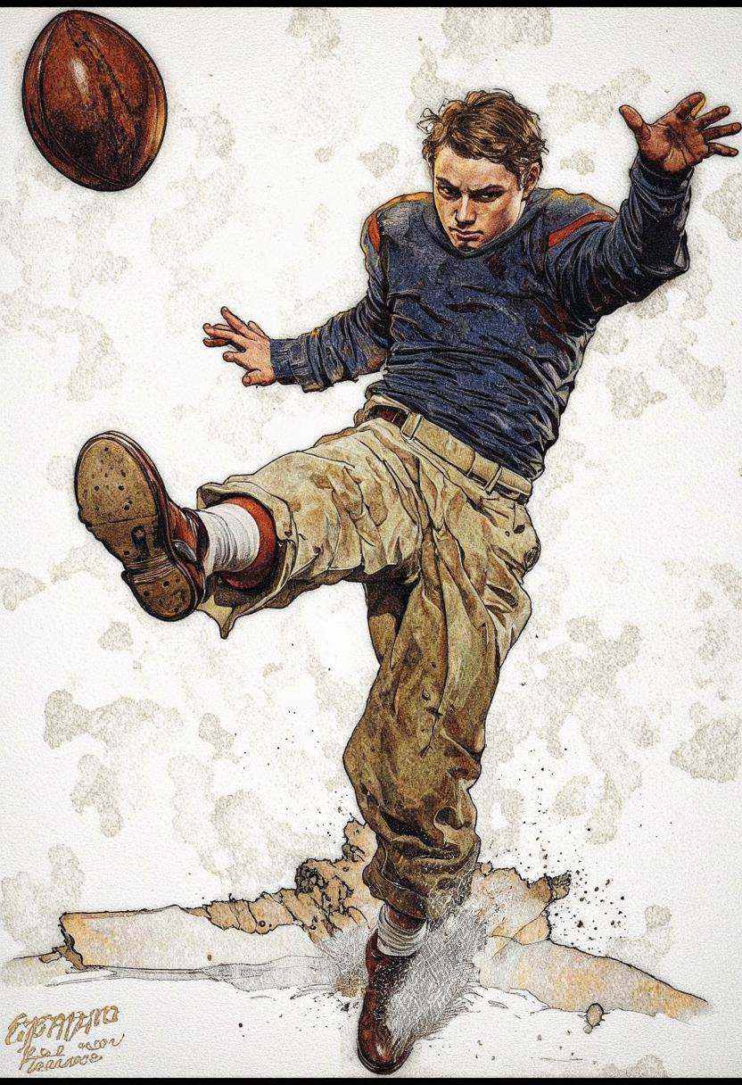 Art by Norman Rockwell. A highly detailed and realistic digital illustration of a football player in mid-air,  kicking a f...