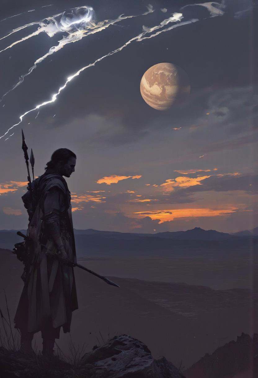 Art by Richard Anderson. A digital illustration shoot from a low angle about a silhouette of a warrior standing in a desol...
