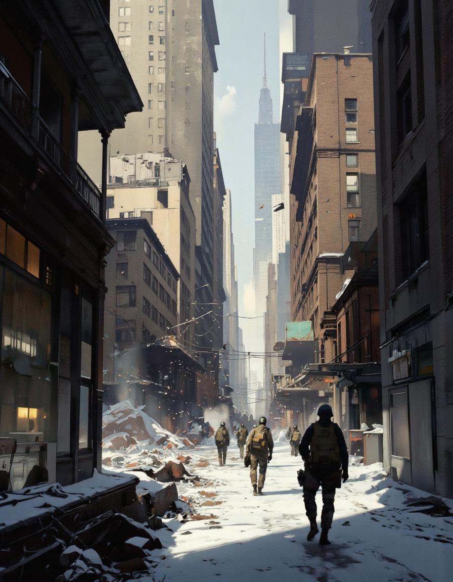 Art by Richard Anderson. A digital illustration shoot from a low angle,  about a futuristic cityscape with a group of sold...