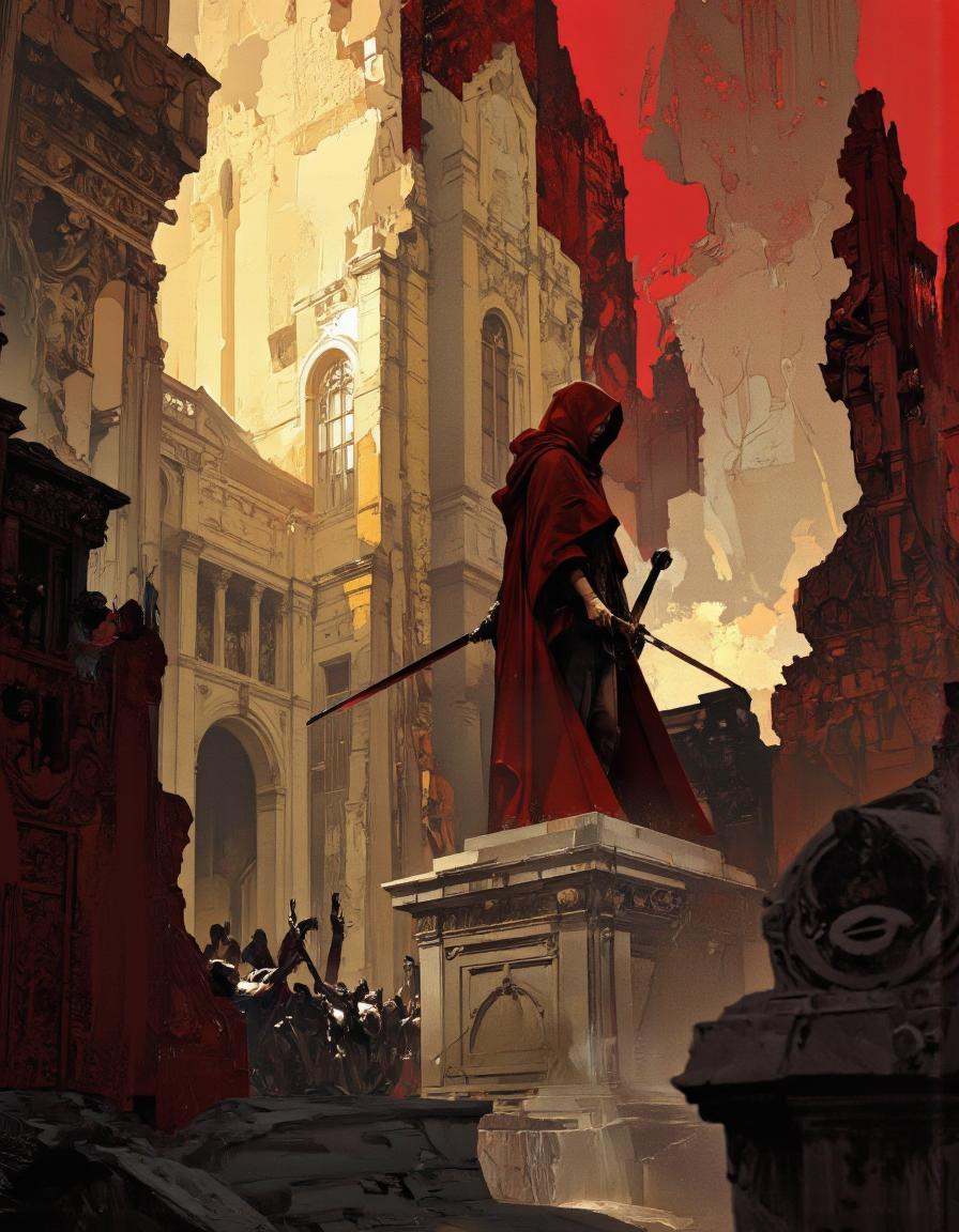 Art by Richard Anderson. A digital illustration shoot from a low angle about a mysterious figure in a red hooded cloak sta...