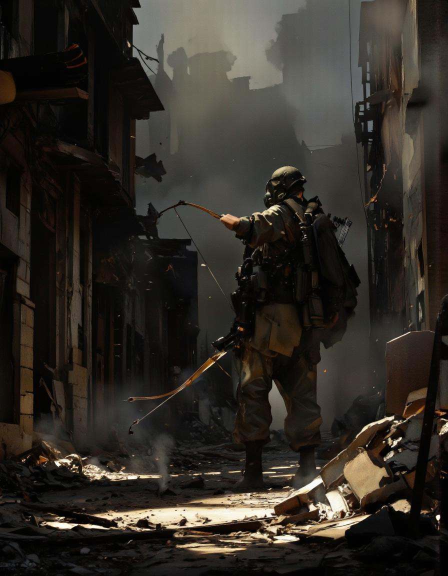 Art by Richard Anderson. A photo-realistic shoot from a low angle about a soldier in a post-apocalyptic setting,  wearing...