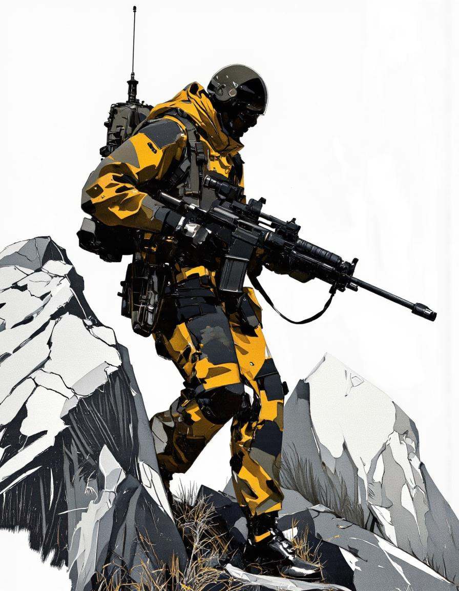 Art by Richard Anderson. A digital illustration shoot from a low angle about a soldier in a dynamic pose,  holding a large...