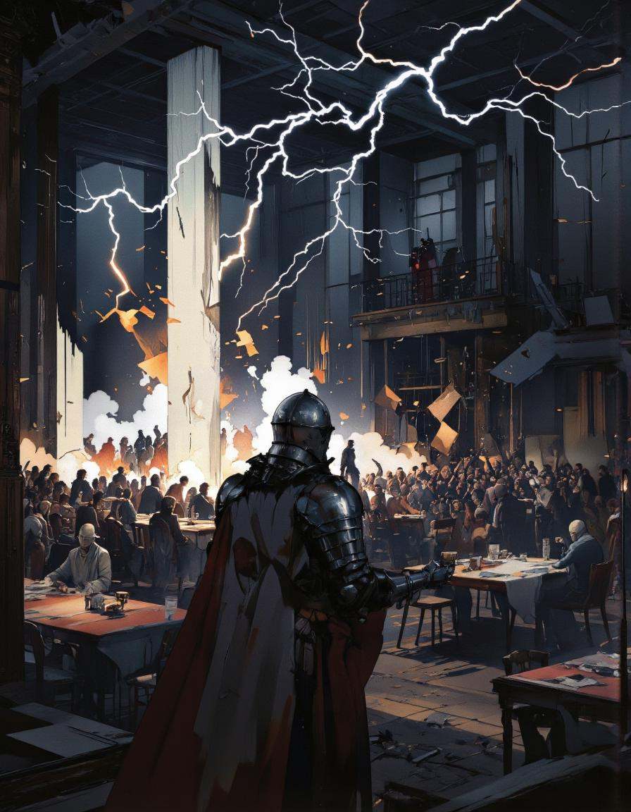 Art by Richard Anderson. A dramatic digital illustration shoot from a bird's eye view about a knight in full armor stands...