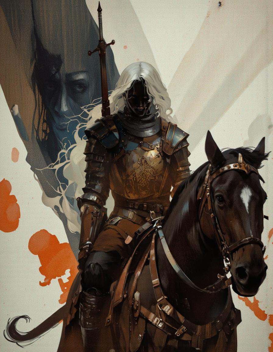 Art by Richard Anderson. A digital illustration shoot from a low angle about a mysterious figure with long white hair,  we...