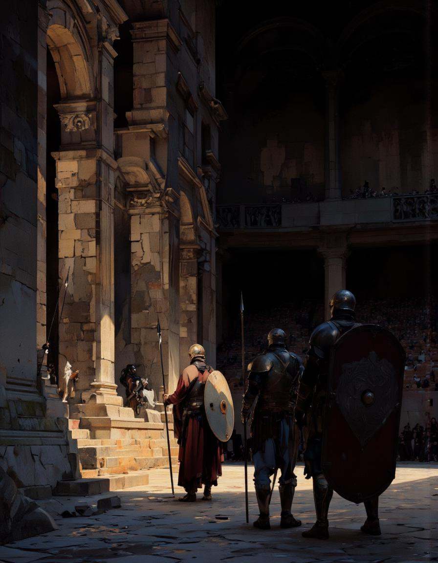 Art by Richard Anderson. A dramatic digital illustration shoot from the side about a dark,  ancient theater with stone str...