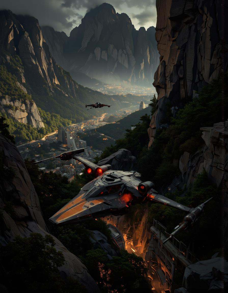 Art by Richard Anderson. A photo-realistic shoot from a bird's eye view about a futuristic spaceship flying over a lush,...