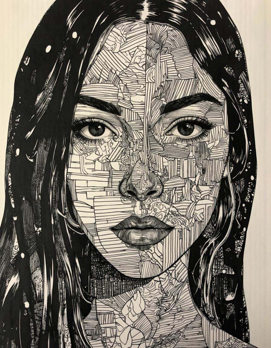 An abstract portrait of a women filled with geometric patterns. on Tensor.Art