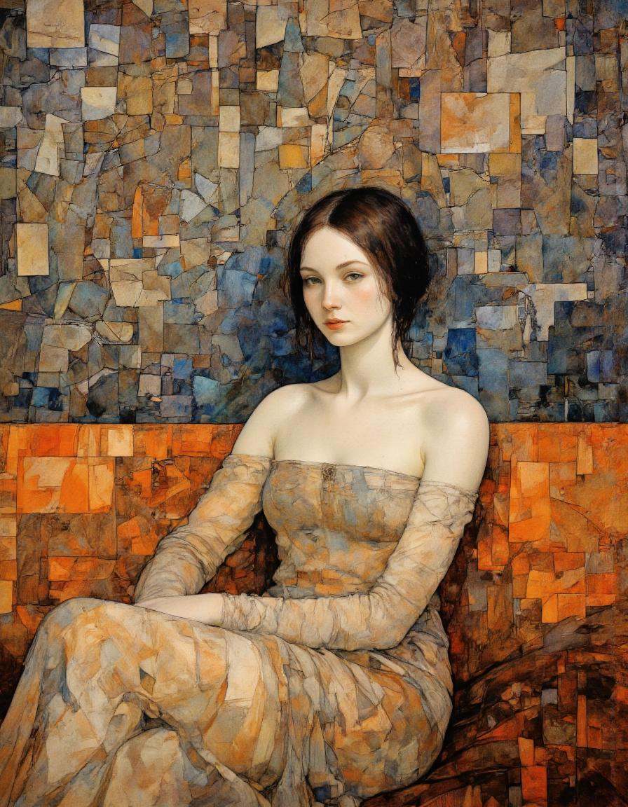 This image is an impressionistic digital painting in a modern,  abstract style,  featuring a young woman with fair skin an...