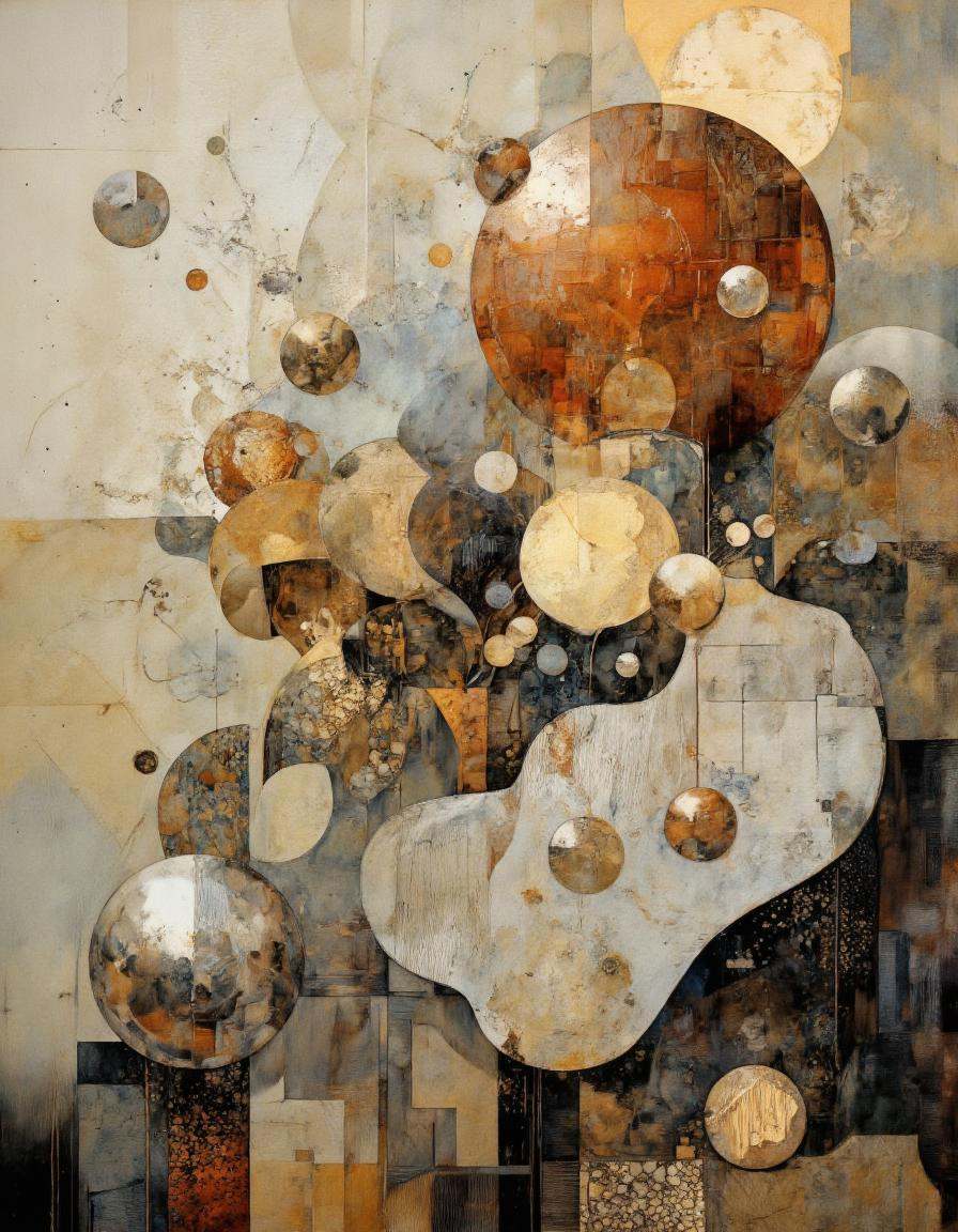 In this ethereal masterpiece,  metallic sculptures juxtapose effortlessly against a subtle backdrop of misty neutral hues....
