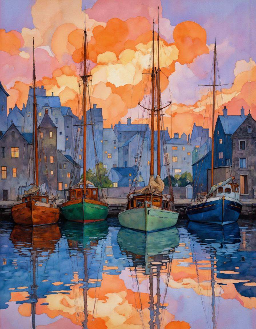 This is a vibrant,  impressionistic digital painting depicting a serene harbor scene at dusk. The canvas is dominated by a...