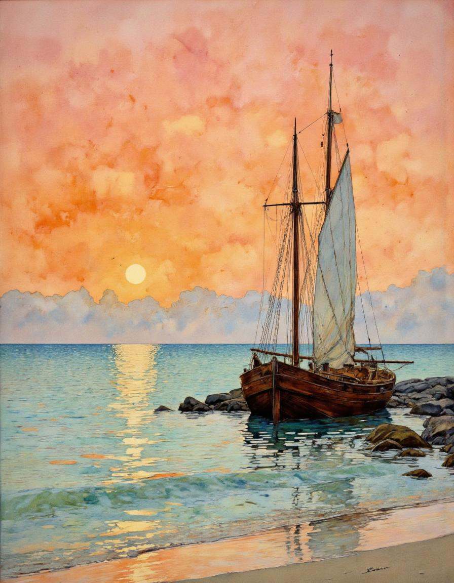 This is a detailed,  impressionistic digital painting depicting serene coastal scene at sunset. The background features a...