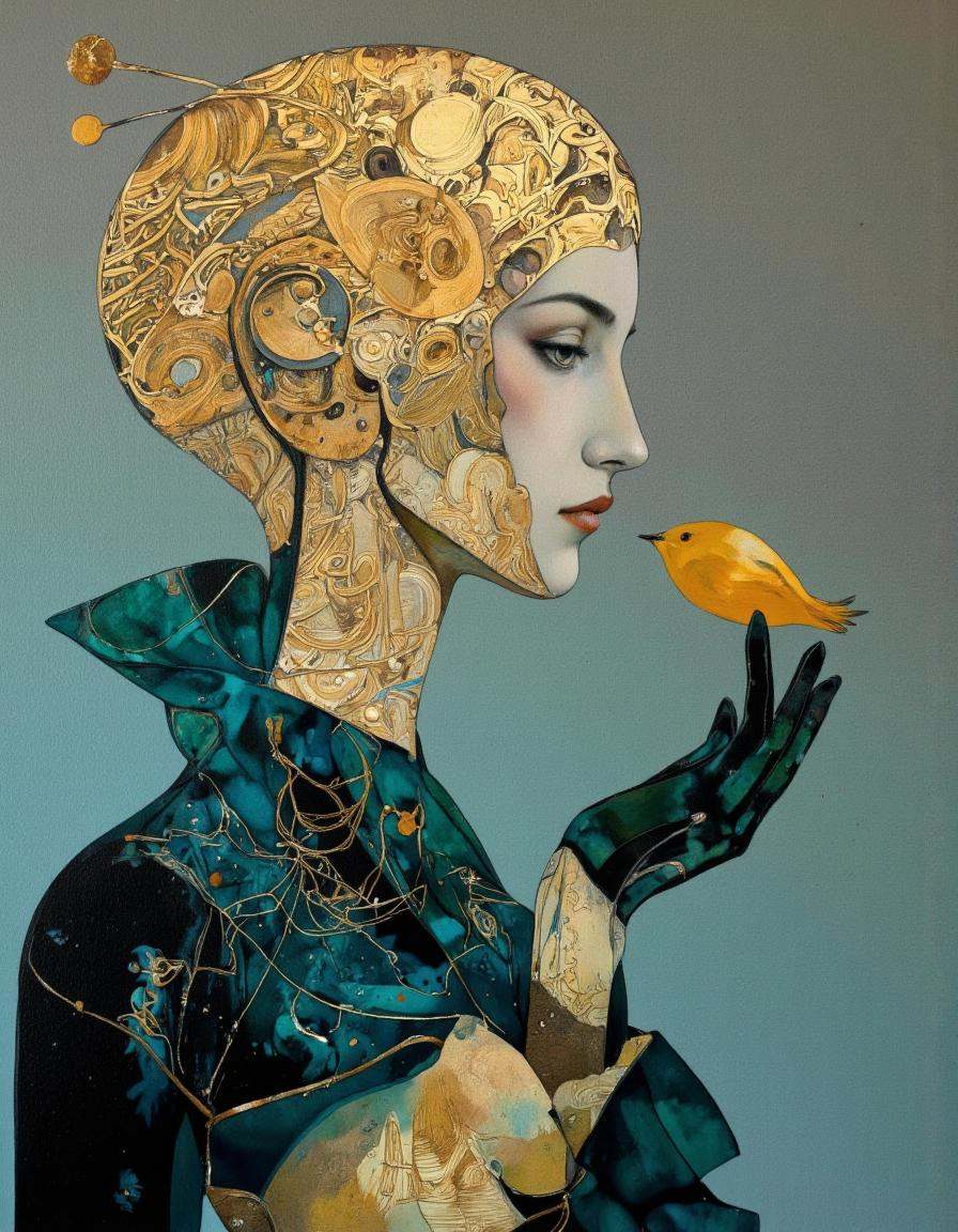 A modern painting abstract style by Victor Tkachenko. A painting featuring a surreal,  abstract portrait of an ethereal mi...