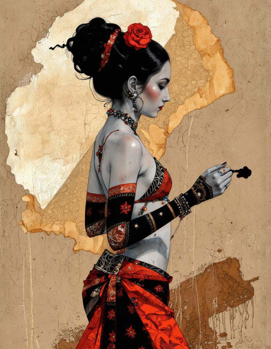 Art by Paco Gimenez. A digital illustration shoot from a profile camera angle about a belly dancer in a vibrant pose,  ado...