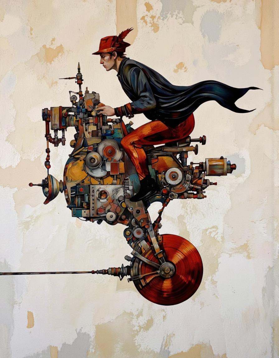 A modern oil painting in an abstract style of Bruce Holwerda that features an imaginative and surreal scene. The central f...