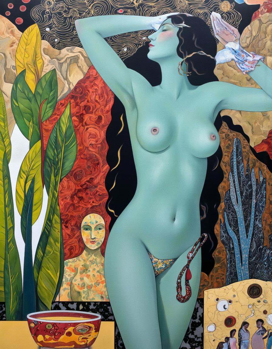 Art by Caroline Smith. A vibrant and whimsical illustration from a below camera angle about a stylized depiction of a woma...