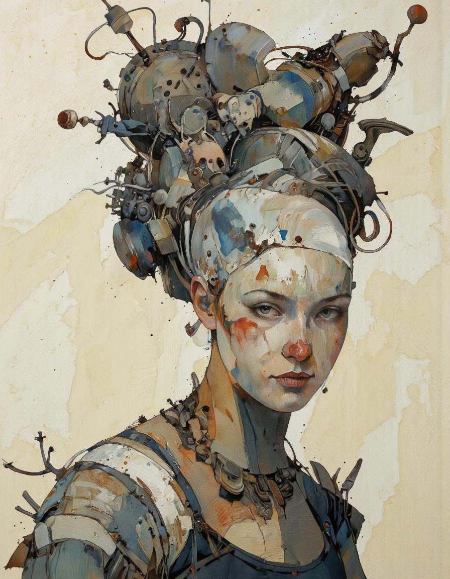 A modern abstract oil painting by Bruce Holwerda that appears to be a portrait of a woman's head. The woman's face is in t...